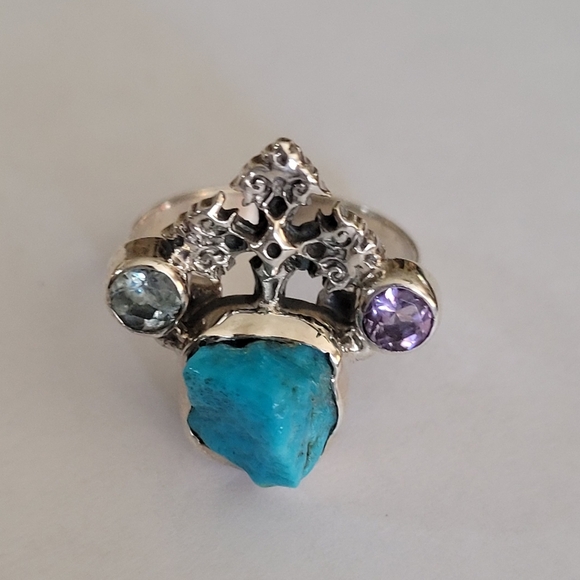Blue Topaz Amethyst Turqouise Sterling Silver Ring - Picture 2 of 3